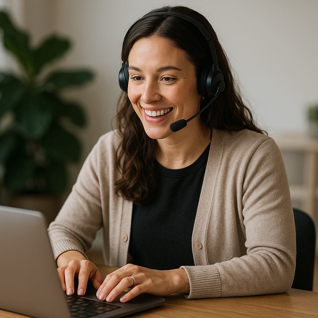 Onboarding kvindelig onboarder ved computer med headset p Samme stil som trning-2